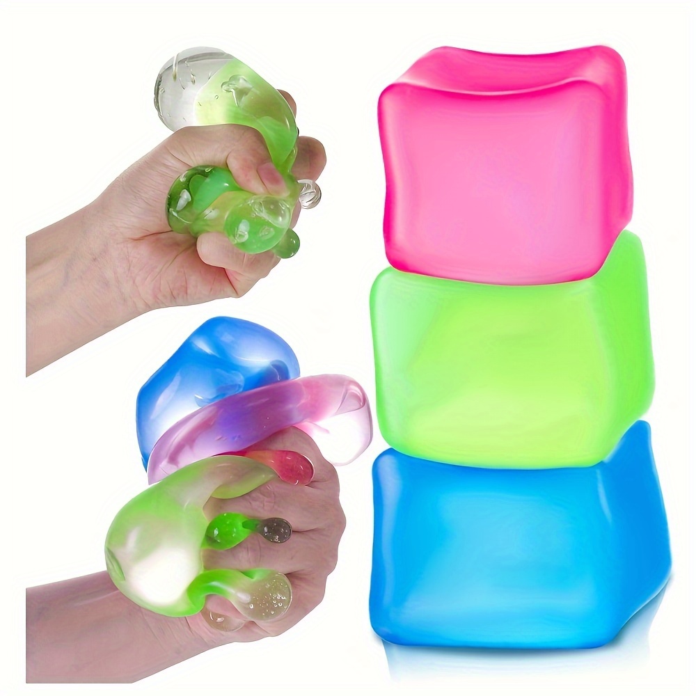 1pc Squishy Stress Relief Rubber Ball - Sensory Fidget Toy, Ice Cube Shape, Non-Electric, Featherless, for Adults Mood Enhancement - Assorted Colors Pink Purple Blue