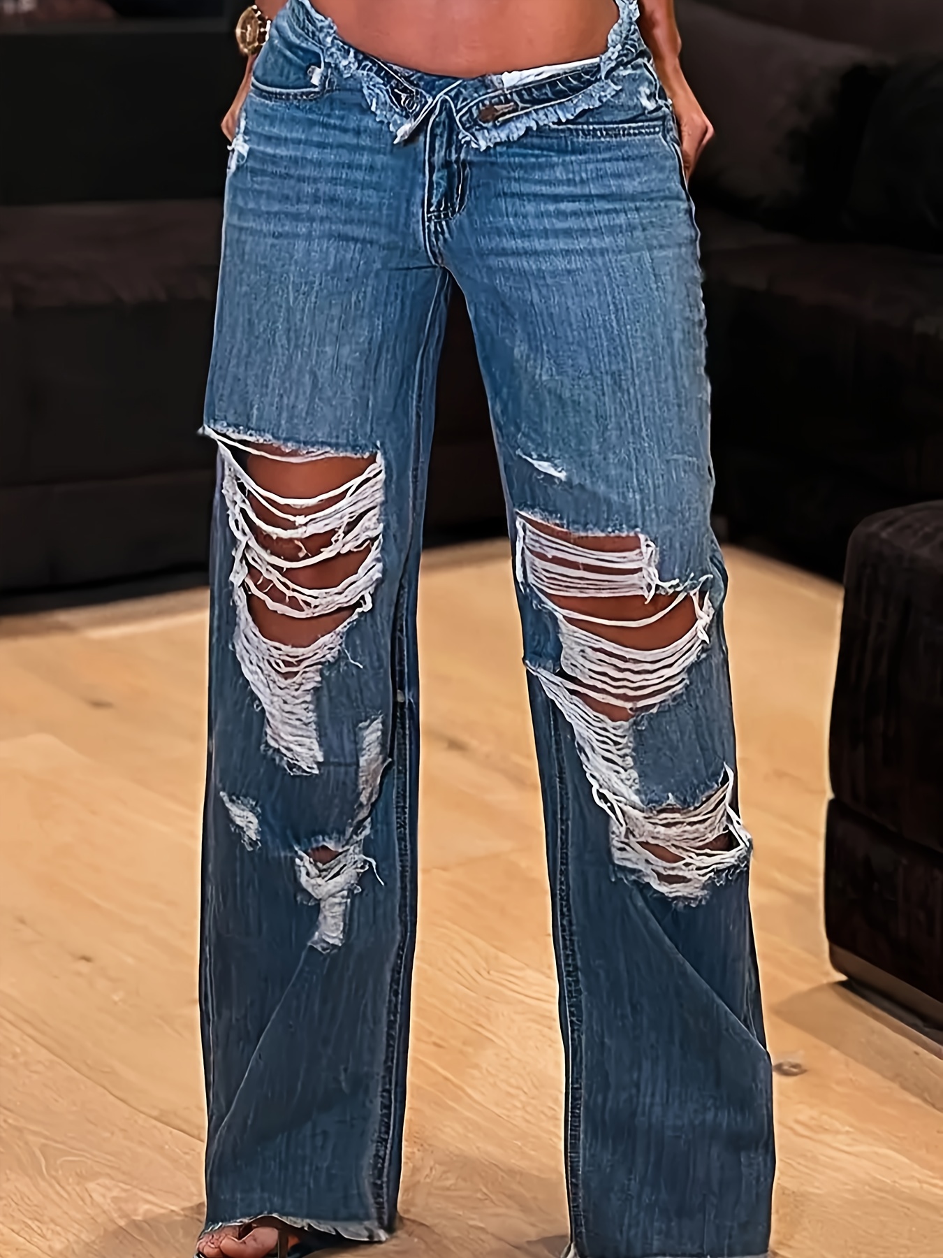 Azul Pantalon Con Hueco 1pc Pantalones Vaqueros Anchos