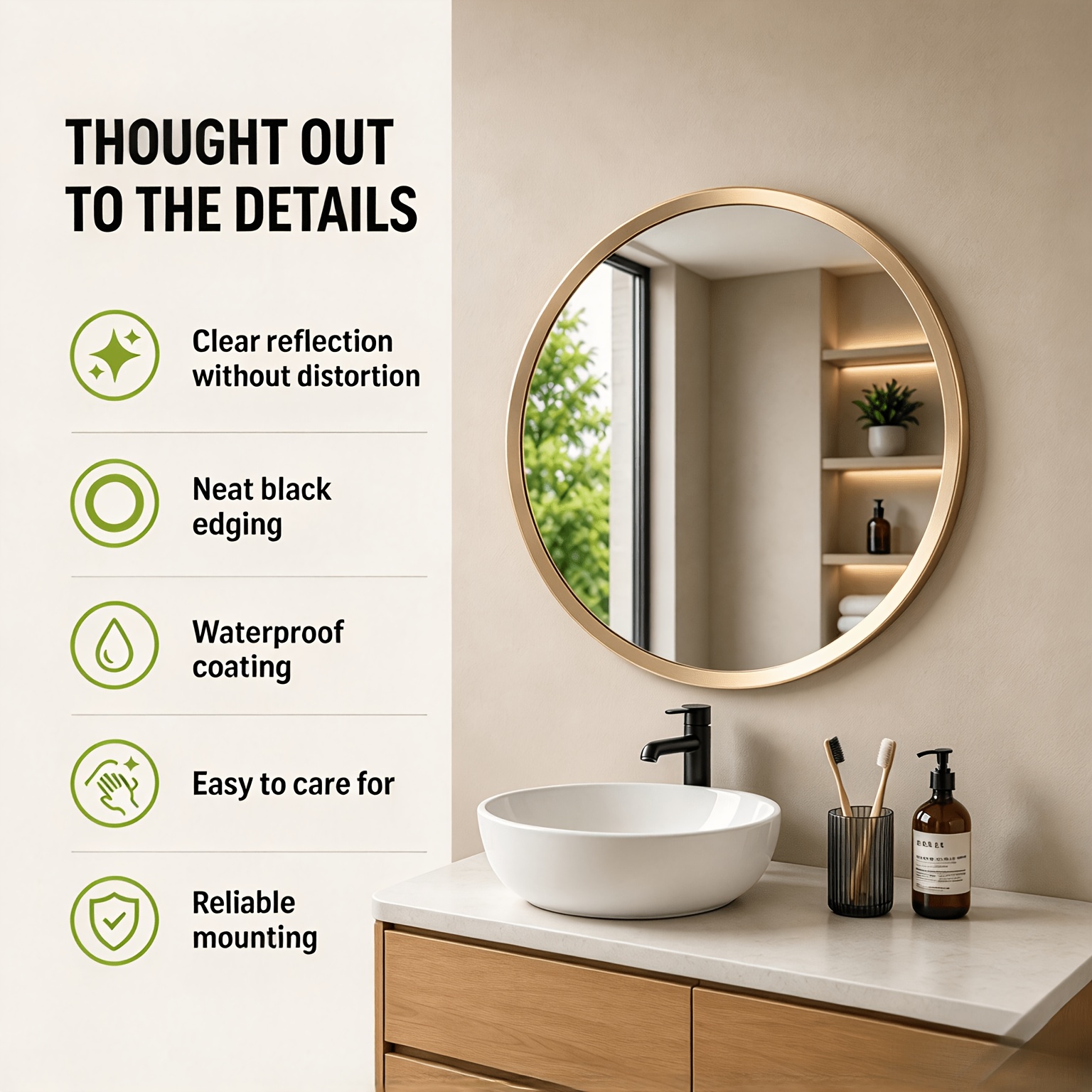 Image of Round Wall-mounted Vanity Mirror, Makeup Mirror, Bathroom Mirror, In Multiple Sizes/colors, Metal Frame, Mdf Backing