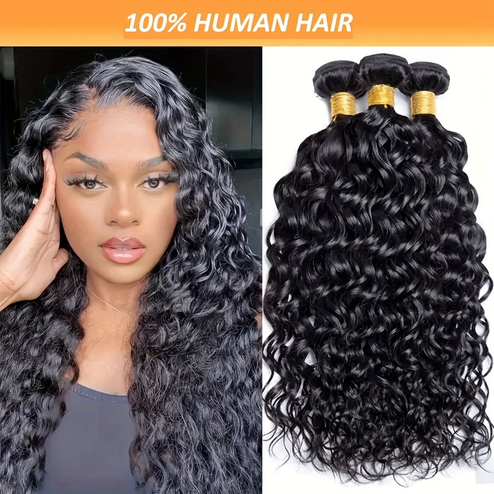  3pcs Water Wave Human Hair Extensions for Women - Natural Black, Soft & Full, Smooth Straight Texture details 1
