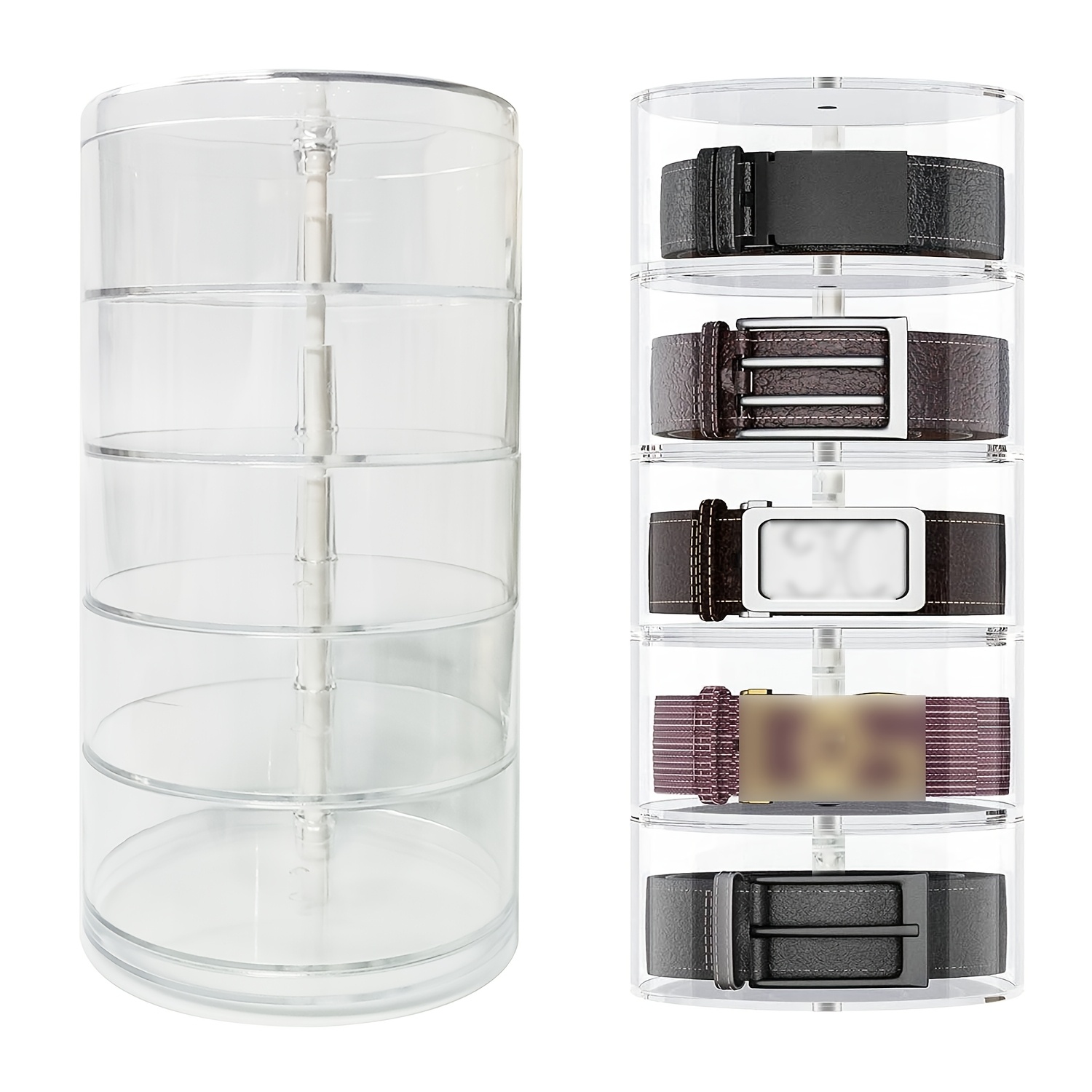 

Acrylic Belt Organizer With 5 For Storage , Featuring A Cylindrical Stackable Design. This Is Ideal For Organizing Accessories As Jewelry, Watches, And Bracelets.