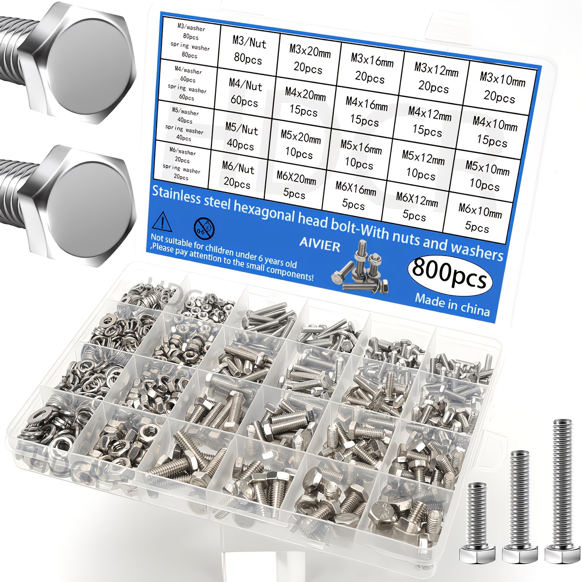 Image of Set Of 800 Stainless Steel Hex Head Bolts, Including Nuts, Washers, And Spring Washers-din 933 /10.9, M3-m6 Fully Threaded, A2/a4 Marine Grade, Metric Coarse Thread, For Mechanical Projects