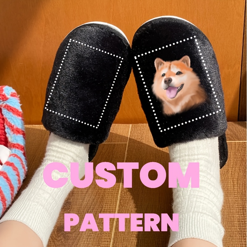 

Custom Photo Women’s Slippers - Personalized Winter Shoes With Soft Plush , Black Fabric Upper & Tpr Sole, Indoor And Gift , House Slippers