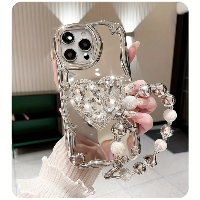 One Set Rhinestones Sparkling Heart-shaped Bracket for iPhone Electroplated Silver New Bracelet Phone Rope Phone Case Set