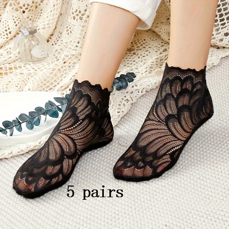 

3/5 Pairs Floral Lace Mesh Thin Socks, Comfy & Breathable Short Socks, Women's Stockings & Hosiery - For Fall & Winter