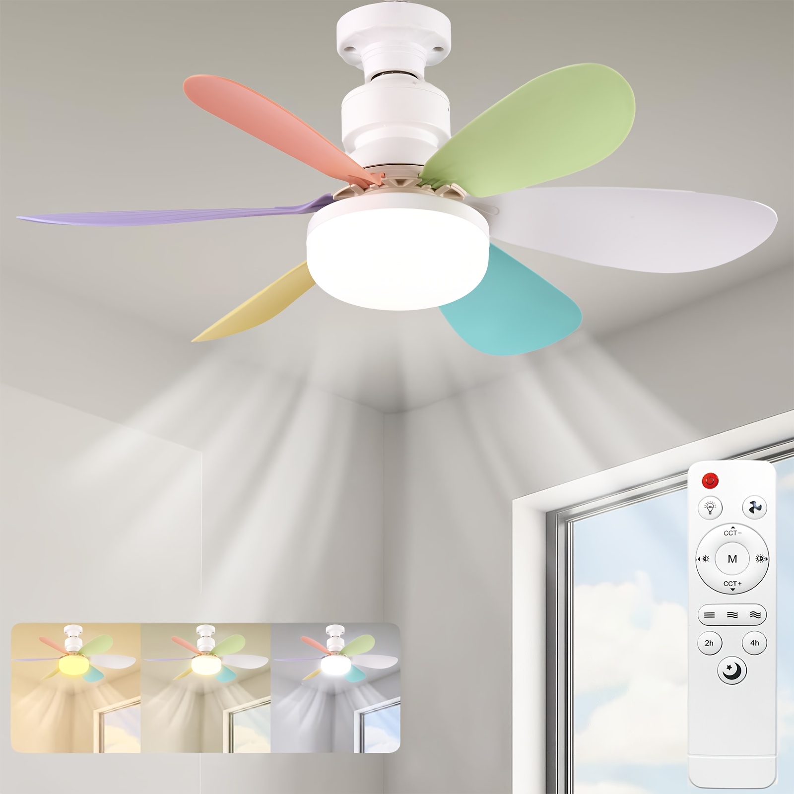 Ventilador de Techo con Luz y Control Remoto, Iluminación LED con Ventilador, 3 Velocidades de Flujo de Aire Silencioso y 3 Temperaturas de Color (3000K-4500K-6500K), Instalación Sin Herramientas + Temporizador, Ventilador de 6 Aspas E26/E27, Ideal para Dormitorio, Sala, Cocina, Garaje, Tiendas y