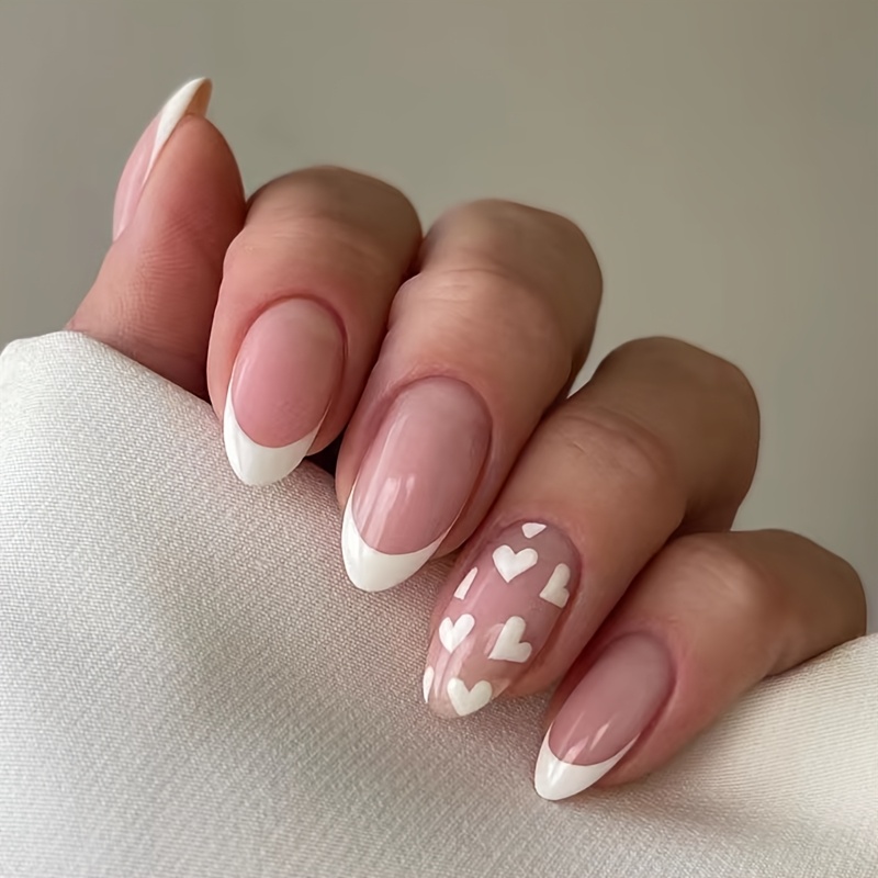 Image of 24pcs French Sweet Girly Heart Easy Glossy Nude Love Heart Removable Wearable Nail Art Fake Nails
