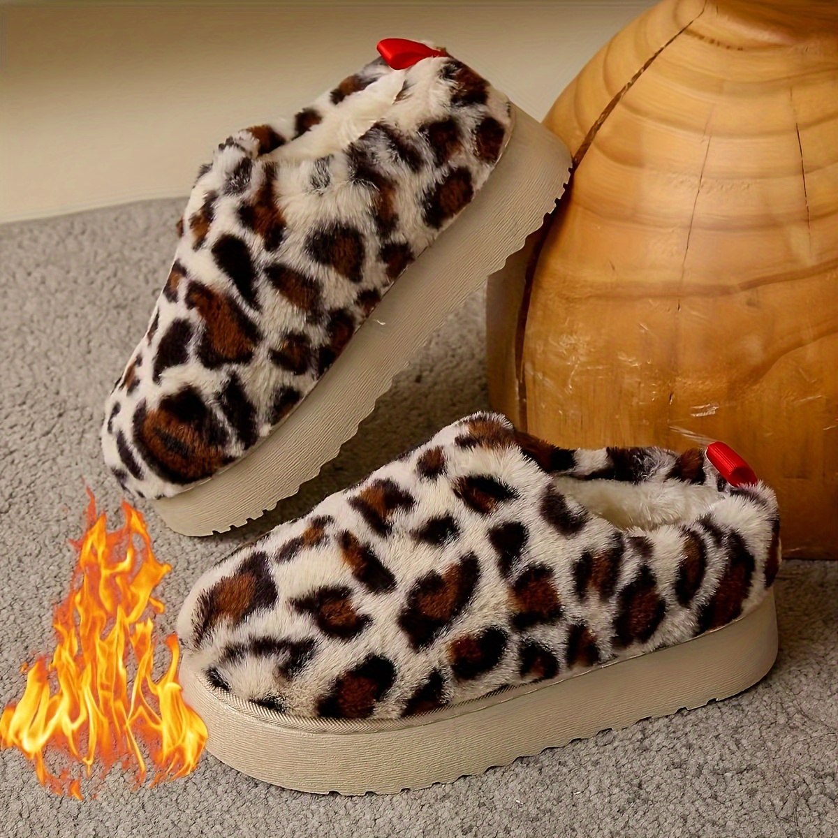 

Women' Leopard Print Slip-on Snow Boots, Fluffy Faux Fur Lined Ankle Booties