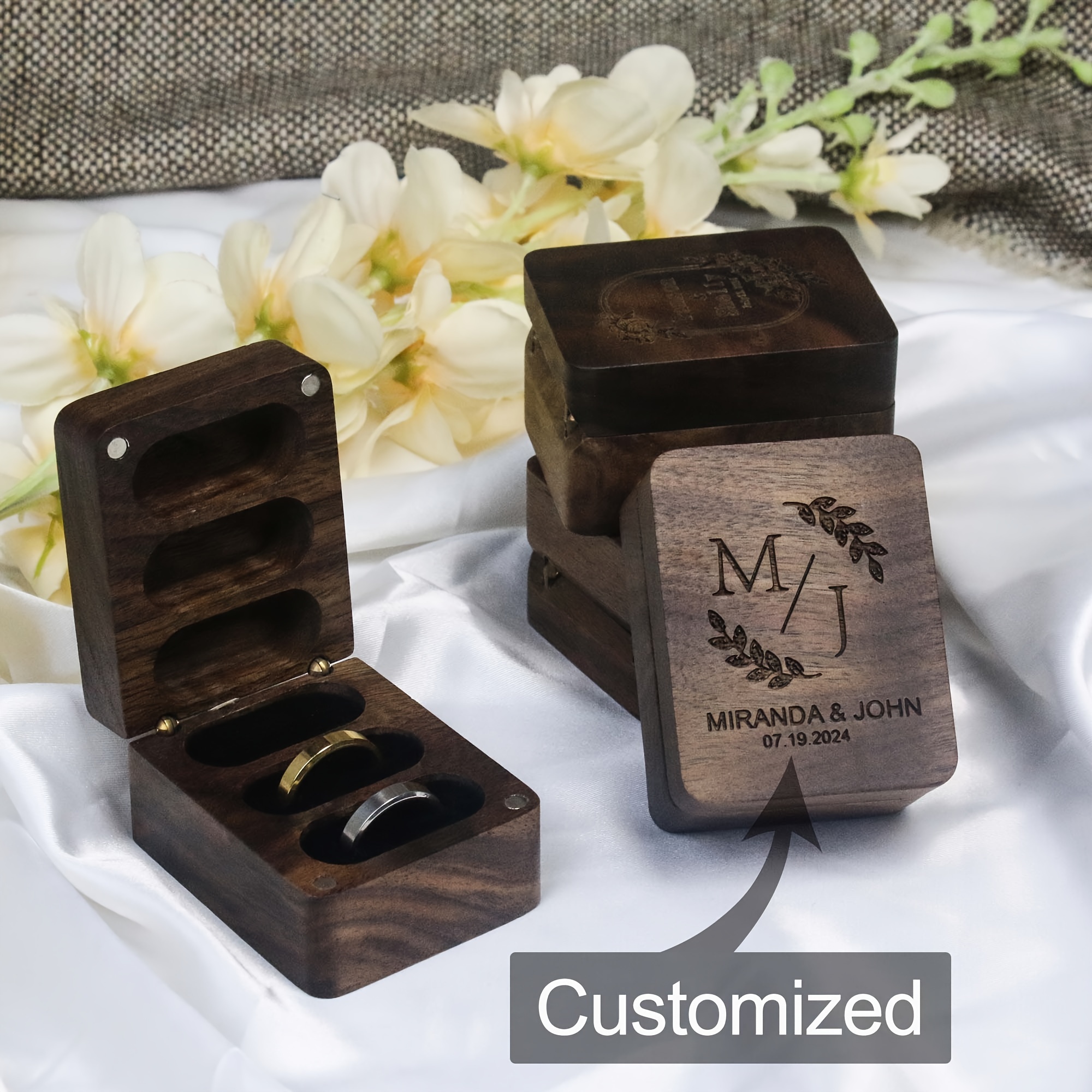 

Custom Engraved Walnut Wood Ring Box, Vintage Style, Lacquered Finish, Velvet Interior, Magnetic Closure, Holder – Ideal For Wedding Ring Display & Anniversary Gifts