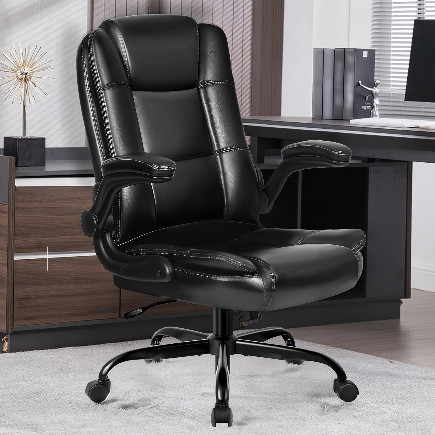 Office Desk Chair, Executive Office Chair With Flip-up Armrests, Lumbar Support High Computer Desk Chair, Ergonomic Adjustable Height Pu Leather Chairs For Long Time Sitting