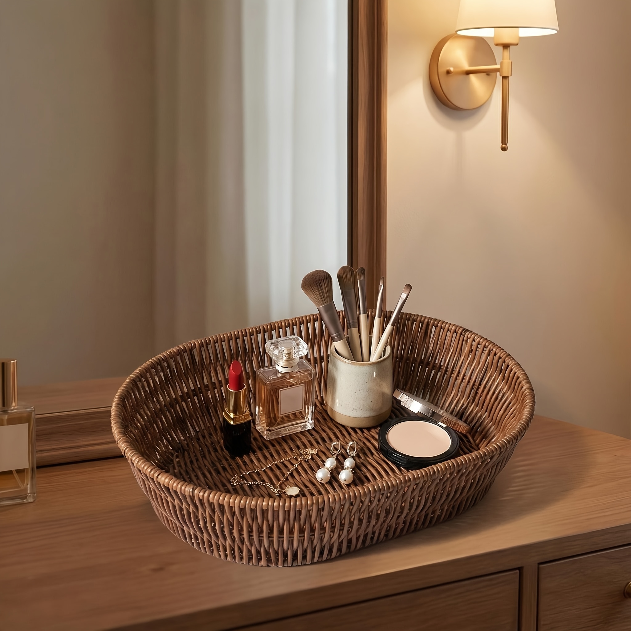 Retro Rattan Woven Oval Storage Basket, Handcrafted Desktop Organizer For Clutter, Key Remote Control Tray, Multifunctional Decorative Trinket Box, Shelf Baskets