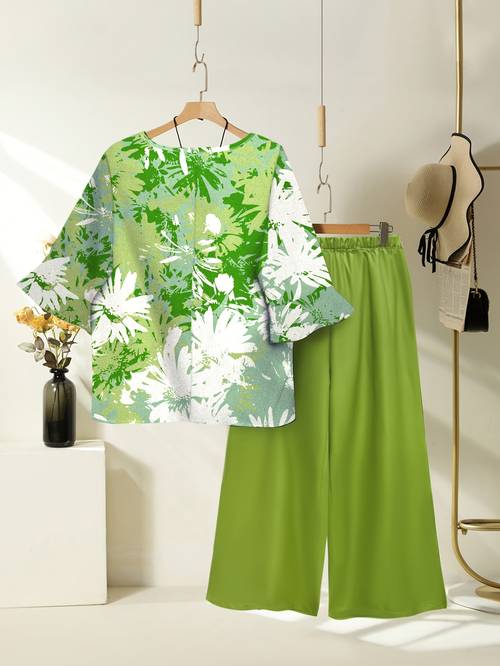 item picture yy0307179 womens spring summer plant leaf print short sleeve top and solid elastic waist loose wide leg pants