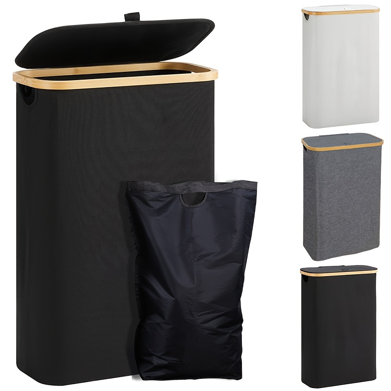 

Contemporary Bamboo Laundry Hamper With Lid 60l - Slim, Foldable Dirty With Detachable Liner And Handles, Versatile Rectangle Hamper For Bedroom, Bathroom, Laundry Room, And Dorm Storage