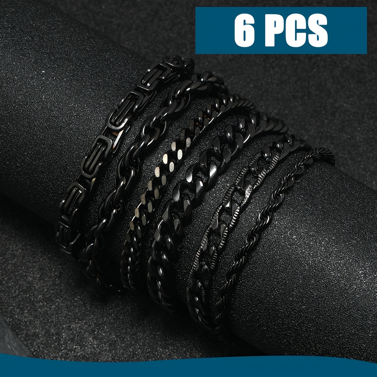 

6 Pcs Trendy Cuban Chain Titanium Fried Dough Twists Chain Lobster Clasp Black Bracelet European And American Men' Steel Bracelet Jewelry