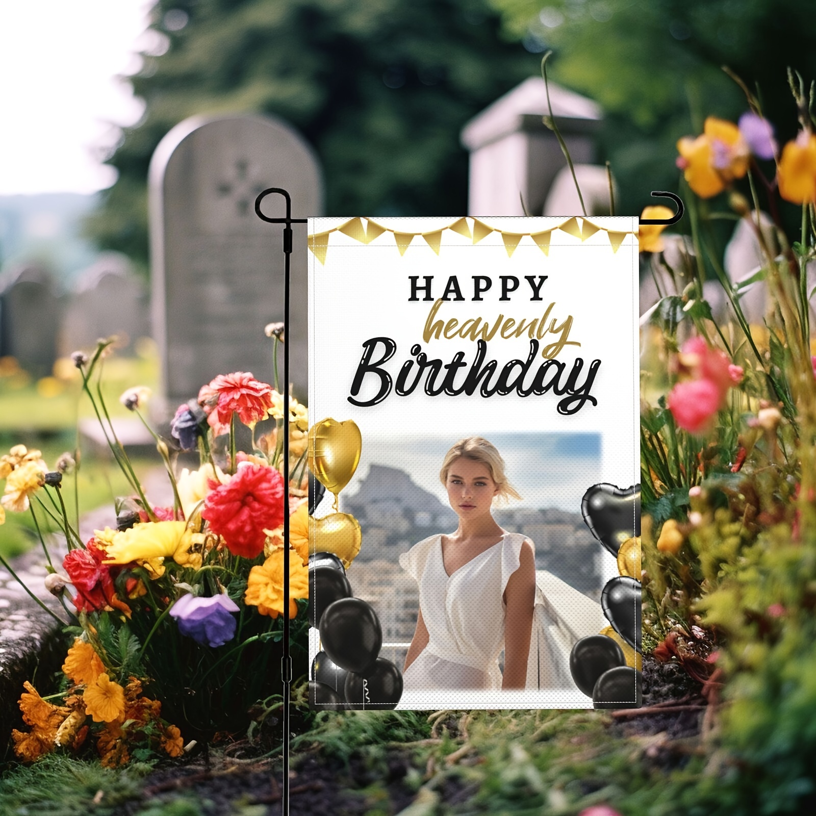 

1pc, Birthday, White And Golden Balloons Custom Personalized Cemetery Memorial Garden Flags, Customized Grave Yard Flags, , Decorations For Cemetery Grave Outdoor Yard Lawn(no Metal Brace)12x18 Inchl