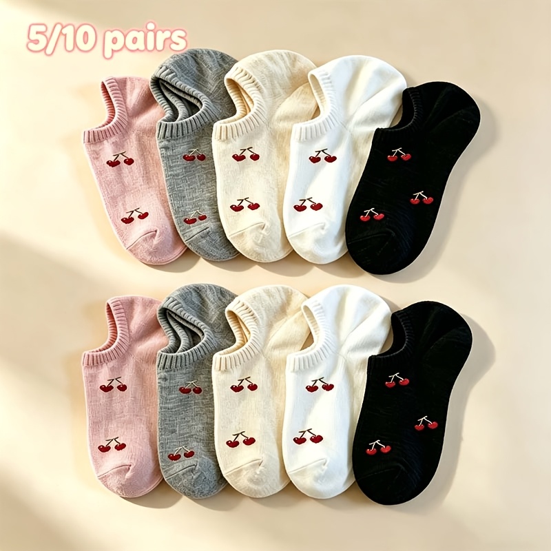 TEMU 5/10 Pairs Cute Women's Spring Summer Short Socks, Sweet Cherry Pattern Low-cut Socks, Thin Comfortable Breathable All-match , Suitable For