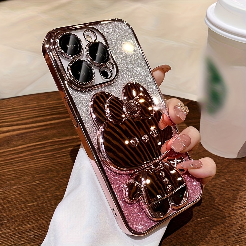 1 Deluxe Electroplated Case For IPhone 15/14/13/12/11Pro Max Plus, Romantic - Cute Bunny Phone Holder And Hidden Holder - Shockproof Ultra-thin Protection, Easter - Valentine's Day Gift