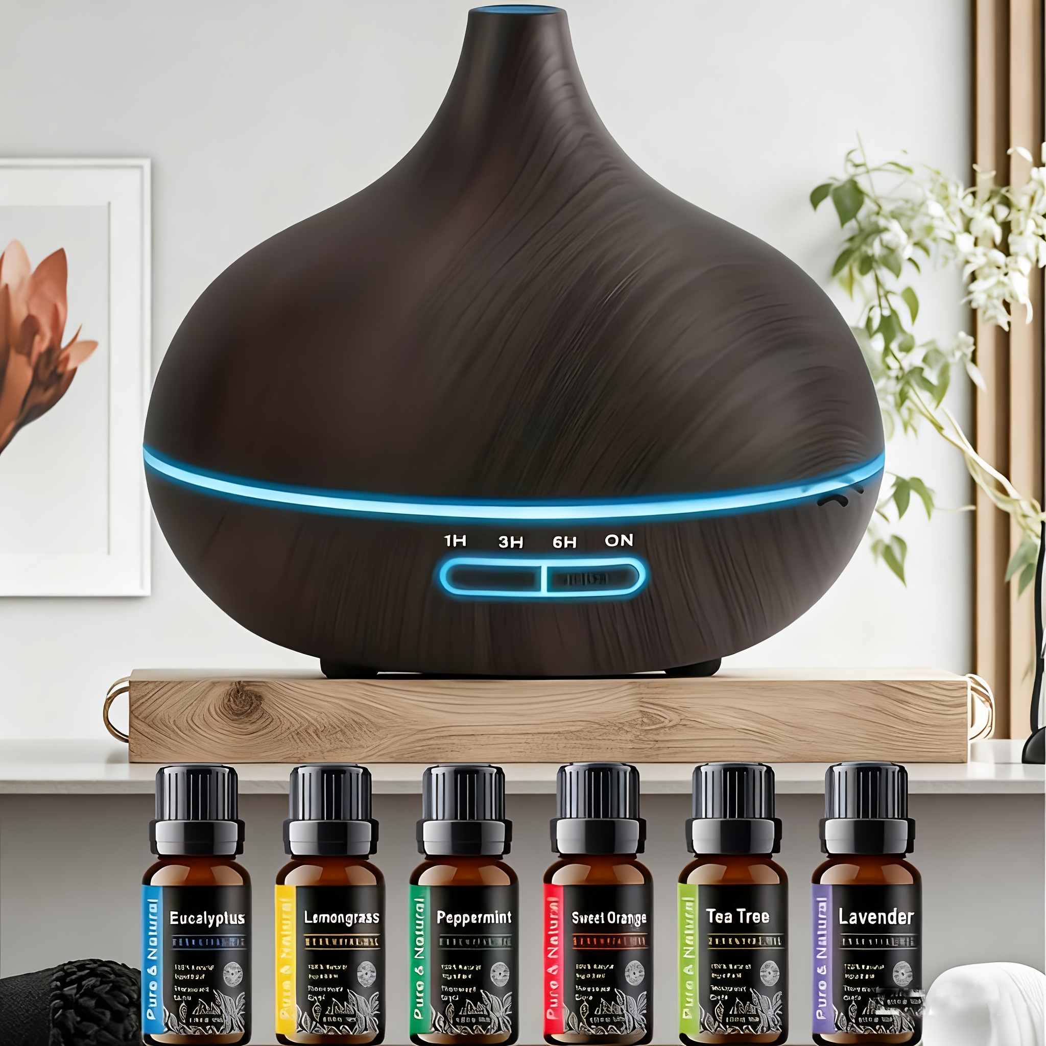   esstential oil diffuser 500ml 6 bottles essential oil included led lights cool mist humidifier home offices   auto shut off     dark wood grain