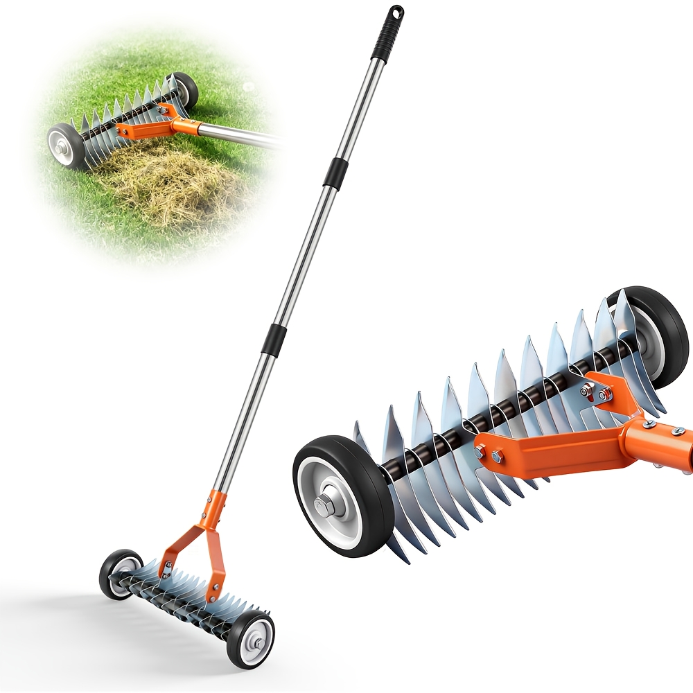 TEMU Heavy-duty Carbon Handheld Lawn Aerator & Dethatcher With Wheel - Adjustable Multi-functional Garden Rake Suitable For Weeding, Leveling, Soil