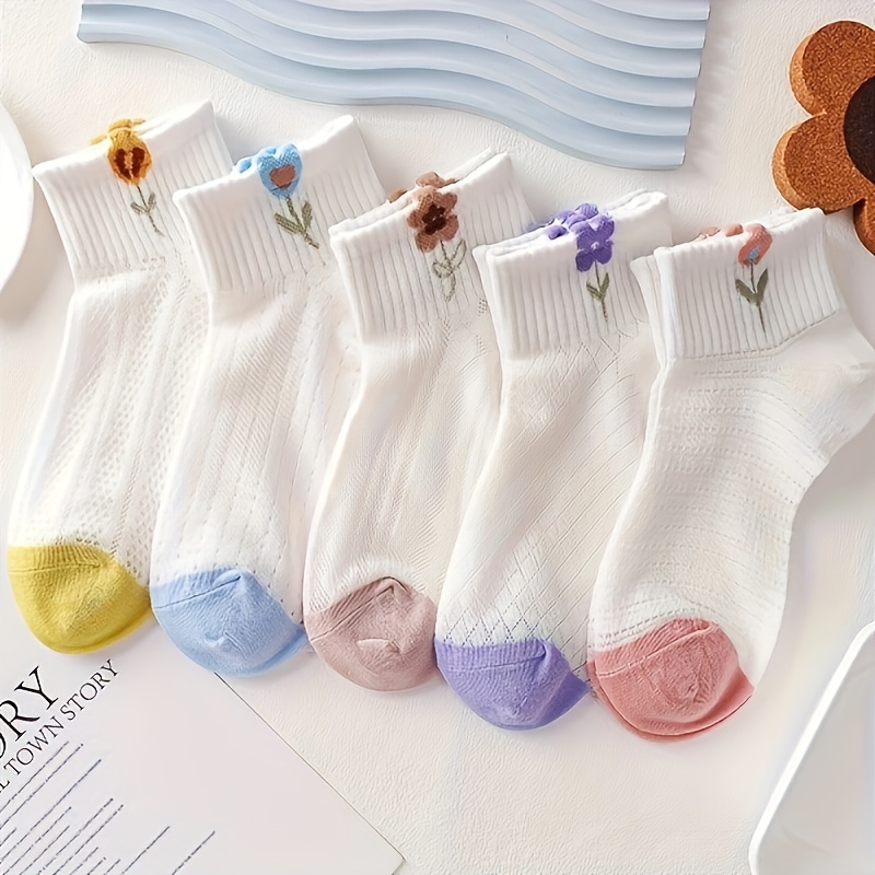 TEMU 5/10 Pairs Of Lace Trimmed Small Floral Women's Short Socks