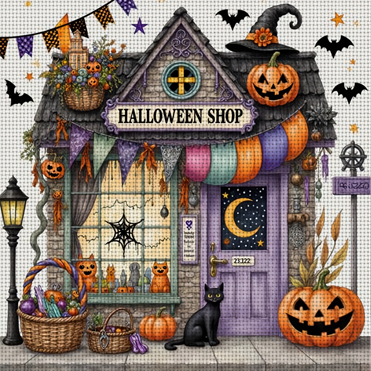 TEMU 1pc Printed Diy Cross Stitch Kit, Frameless, "halloween Shop Decoration" Pattern, Perfect For Beginners' Relaxing , Allows You To Experience The