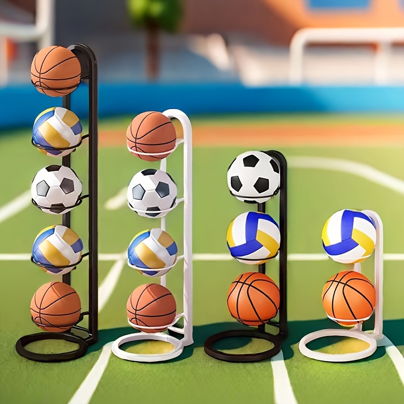 

Ball Storage Rack For Basketball, Soccer, And Volleyball - Sturdy Metal Organizer With 4 Shelves - Space-saving Design For Home And Game Rooms - Applicable Age Group 14+