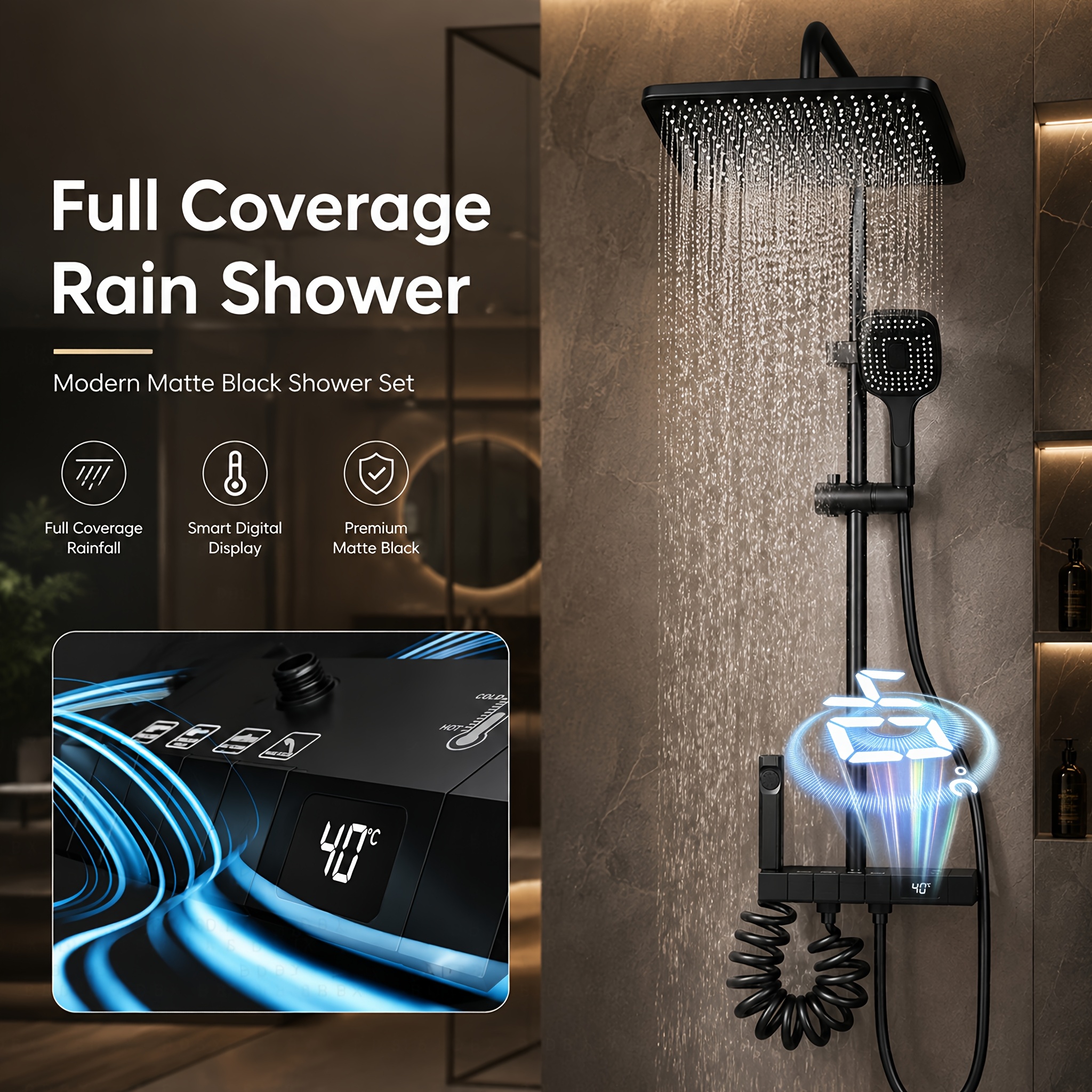 BDBX Matte Black Shower System with Square Rain Shower Head