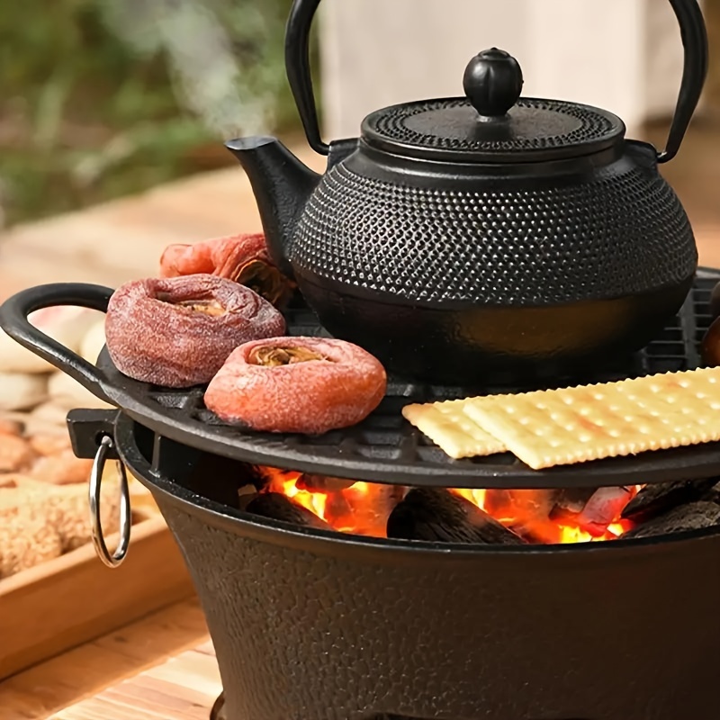 cast iron charcoal grill stove with net     pan portable bbq teapot heating indoor outdoor use hand wash only details 3