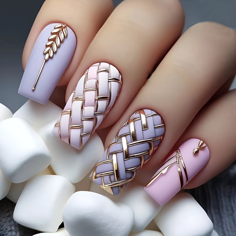 

24-piece Long Square Shape False Nails Set With Stripe Pattern In Pink And Purple Tones, Glossy Finish - Includes Nail Glue And Nail File