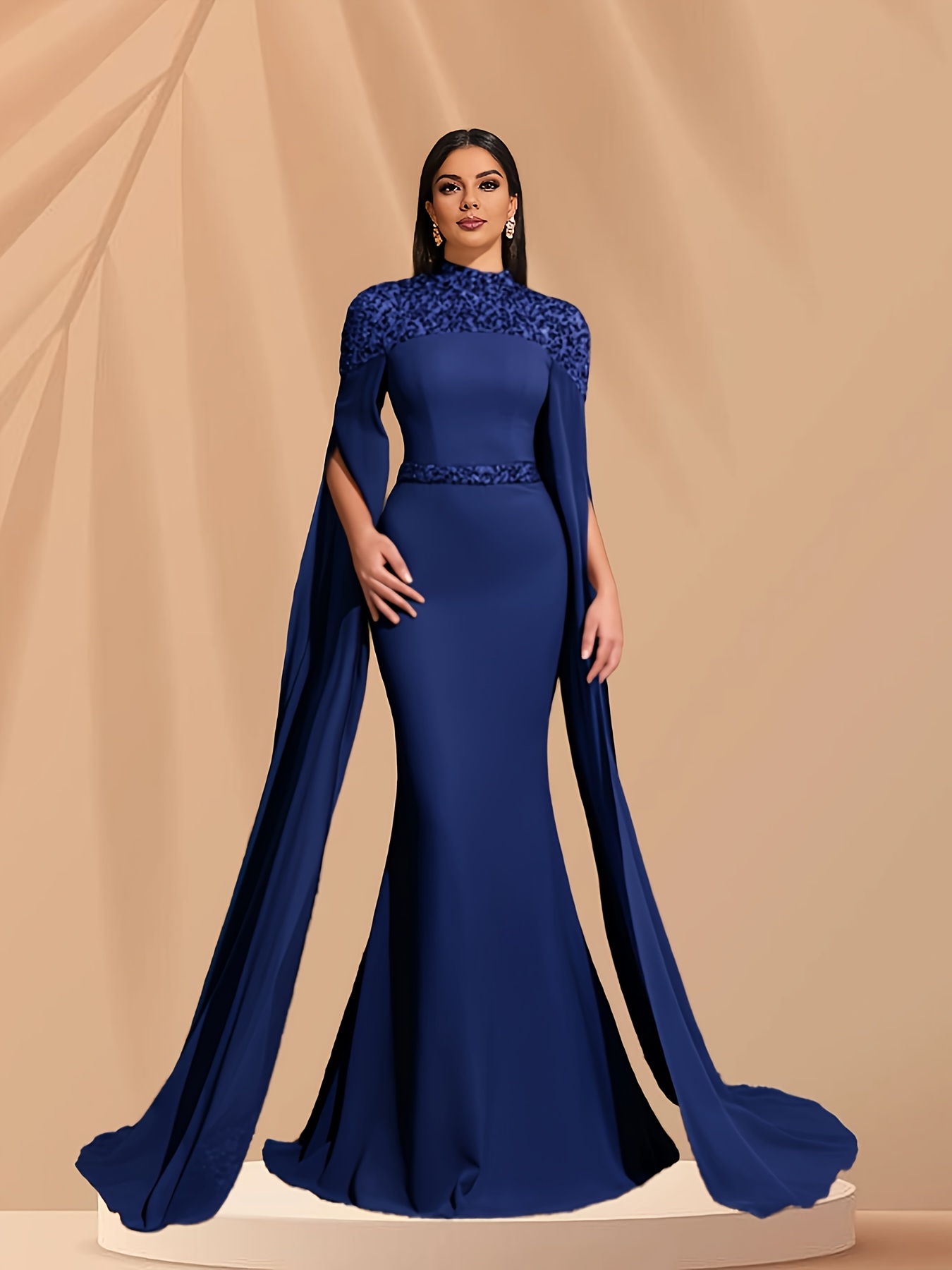 Women's Elegant Navy Blue Sequin-Trimmed Long Sleeve Mermaid Dress with  Small Collar Fitted Evening Gown for Weddings Formal Event