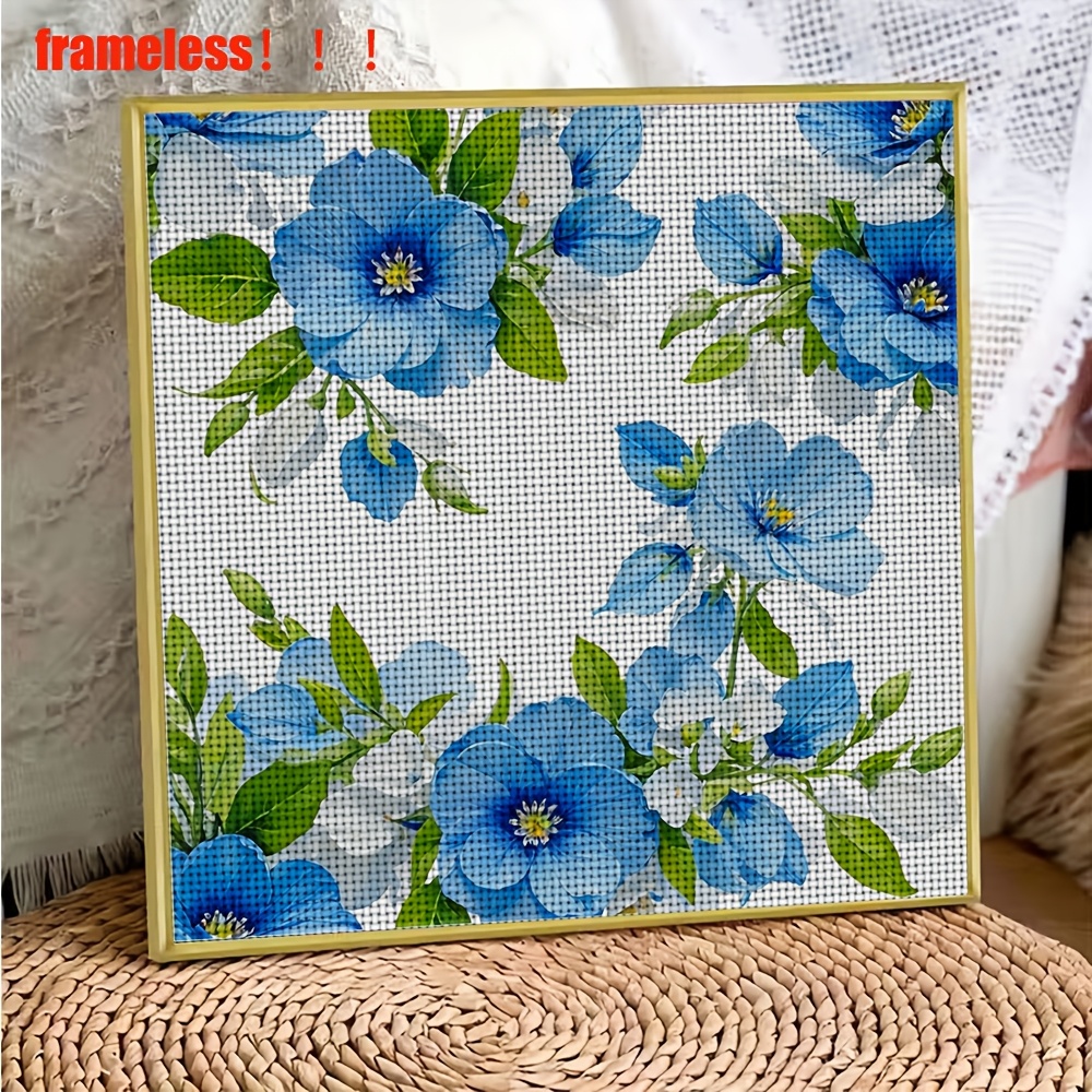 DIY Cross-Stitch Printed Kit, Unframed, "Blue and White Floral with Green Leaves" Pattern