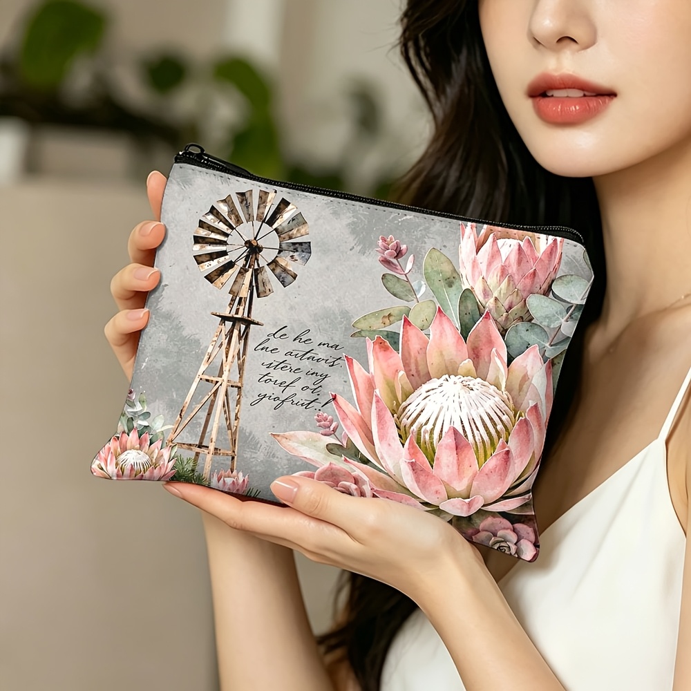 TEMU 1pc Watercolor Windmill Makeup Bag - Portable Cosmetic Pouch With Watercolor Flower Print, Windmill Suitable For Travel,, Gym, Daily Use, Gift
