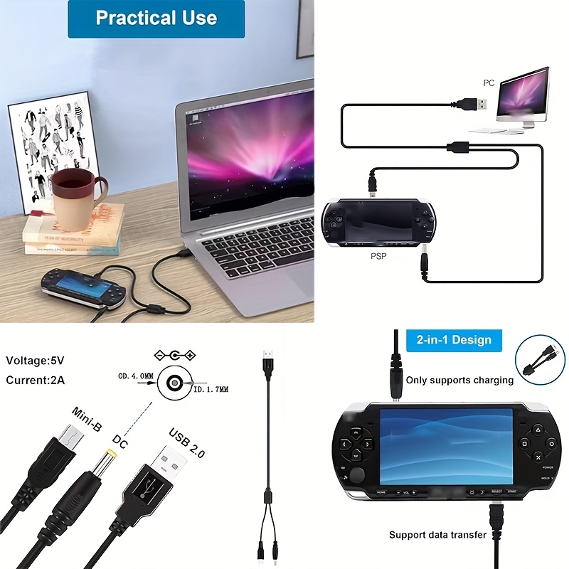CELLONIC – 2 Cavi USB 2.0 Per Sony PSP-1000/2000/3000/E1000 – Mini USB, 1 Metro, PVC Nero – Ricarica E Trasferimento Dati