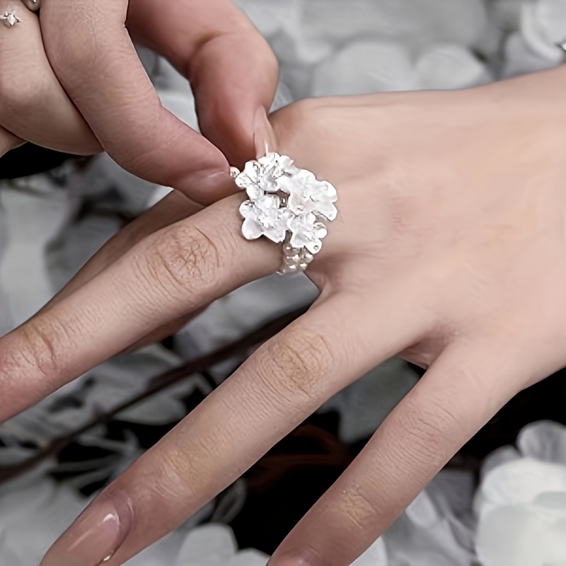 Exquisitely Designed Cherry Blossom Double-Layer Beaded Elastic Floral Cluster Ring