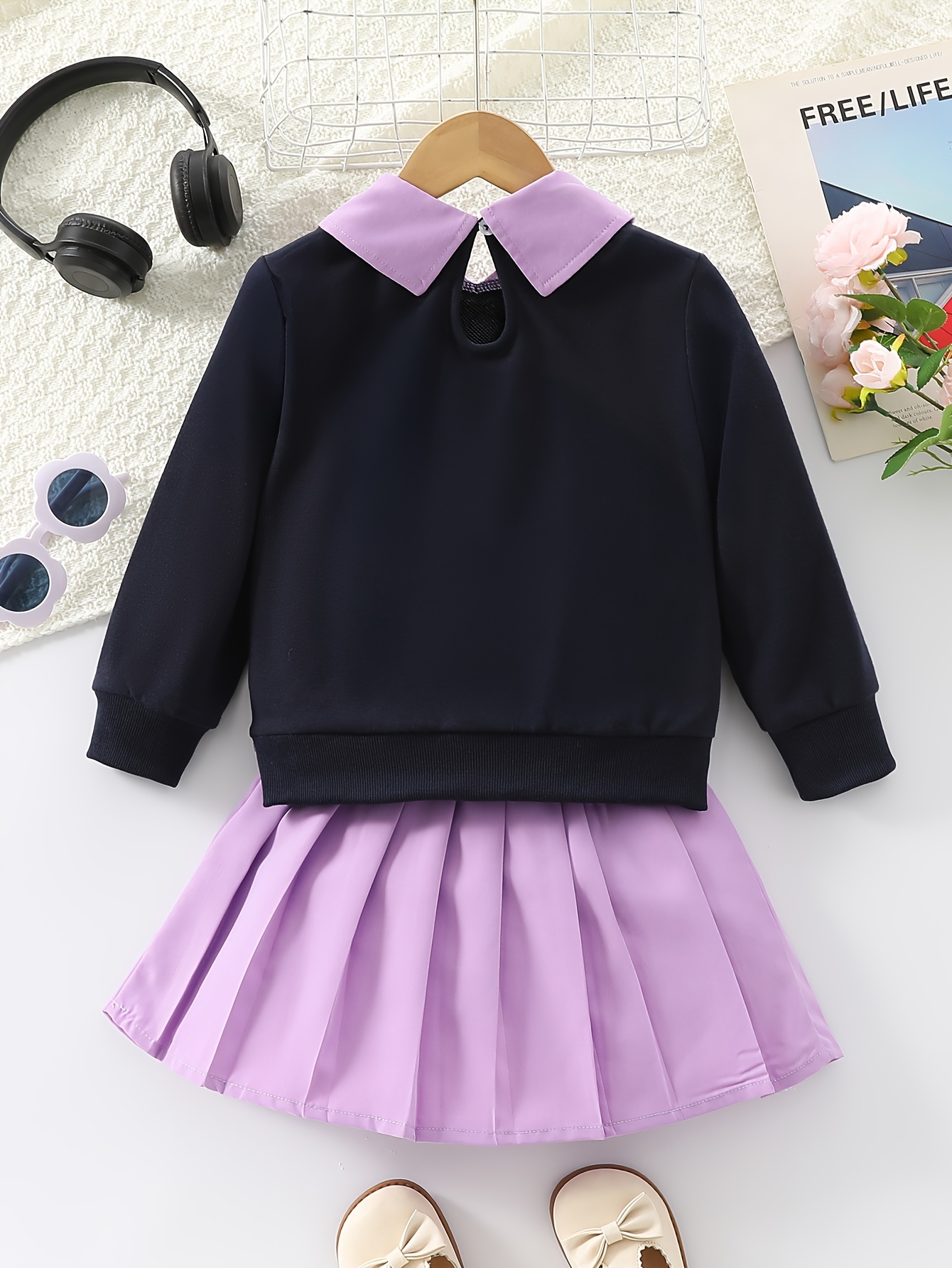 Two-piece Set for Girls: Fashionable Letter Random Print with Turnover Collar Regular Long Sleeve Top + Pleated Edge Solid Color Regular Short Skirt Length and Thigh Spring and Autumn Casual Half Skirt Set