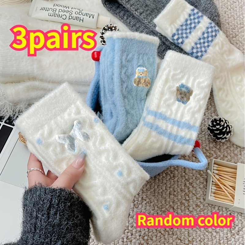 TEMU 3 Pairs Of Mid-calf Socks In Random Blue And White Colors, Featuring With Embroidered Patterns. Thickened Plush Socks For Autumn/winter, With