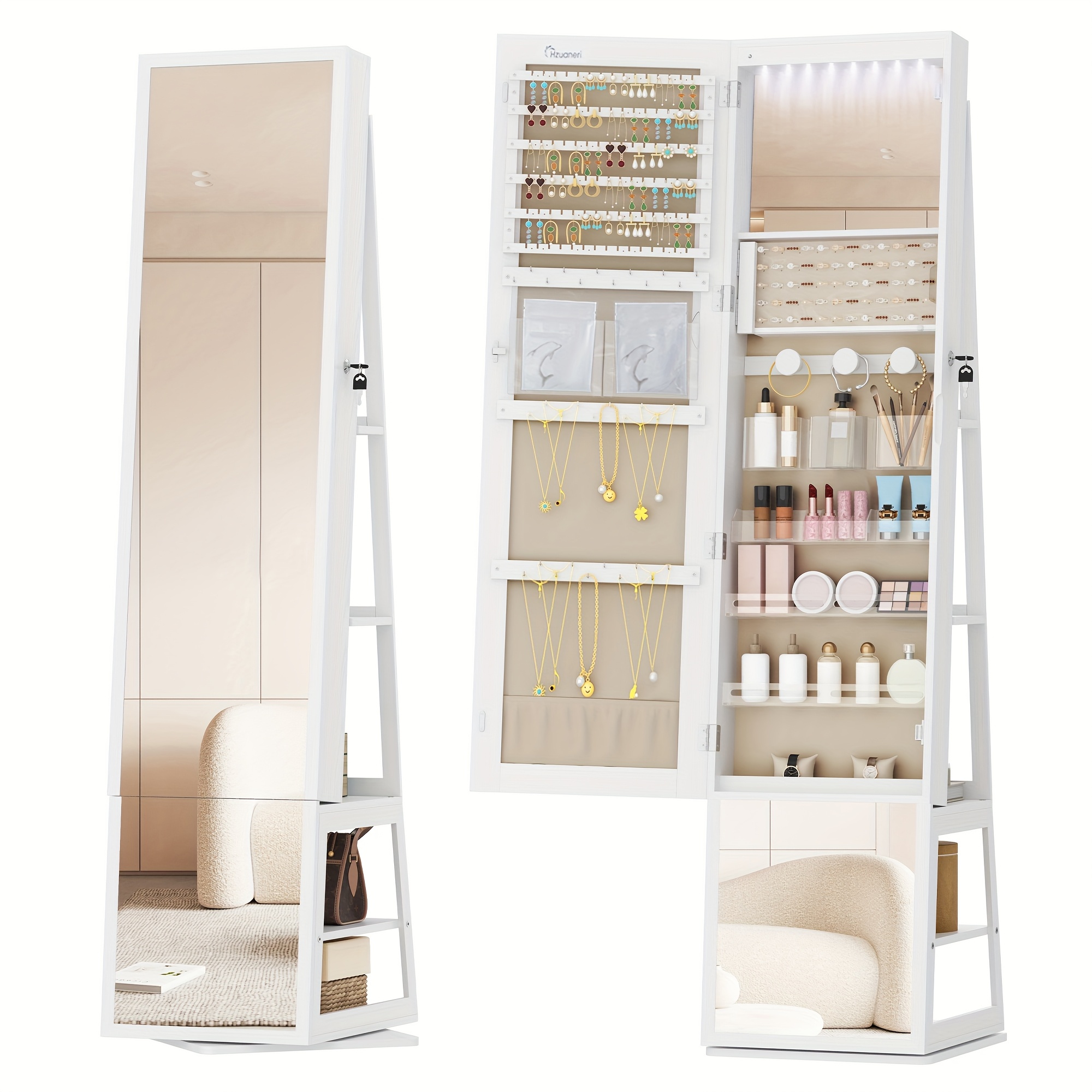 Image of Mirror Jewellery Cabinet, Standing Jewellery Organiser With 360° Rotating Base, Full Length Lockable Mirror, Large 4-tier Storage Compartments, 4-in-1 Multifunctional, White, Jewelry Armoires