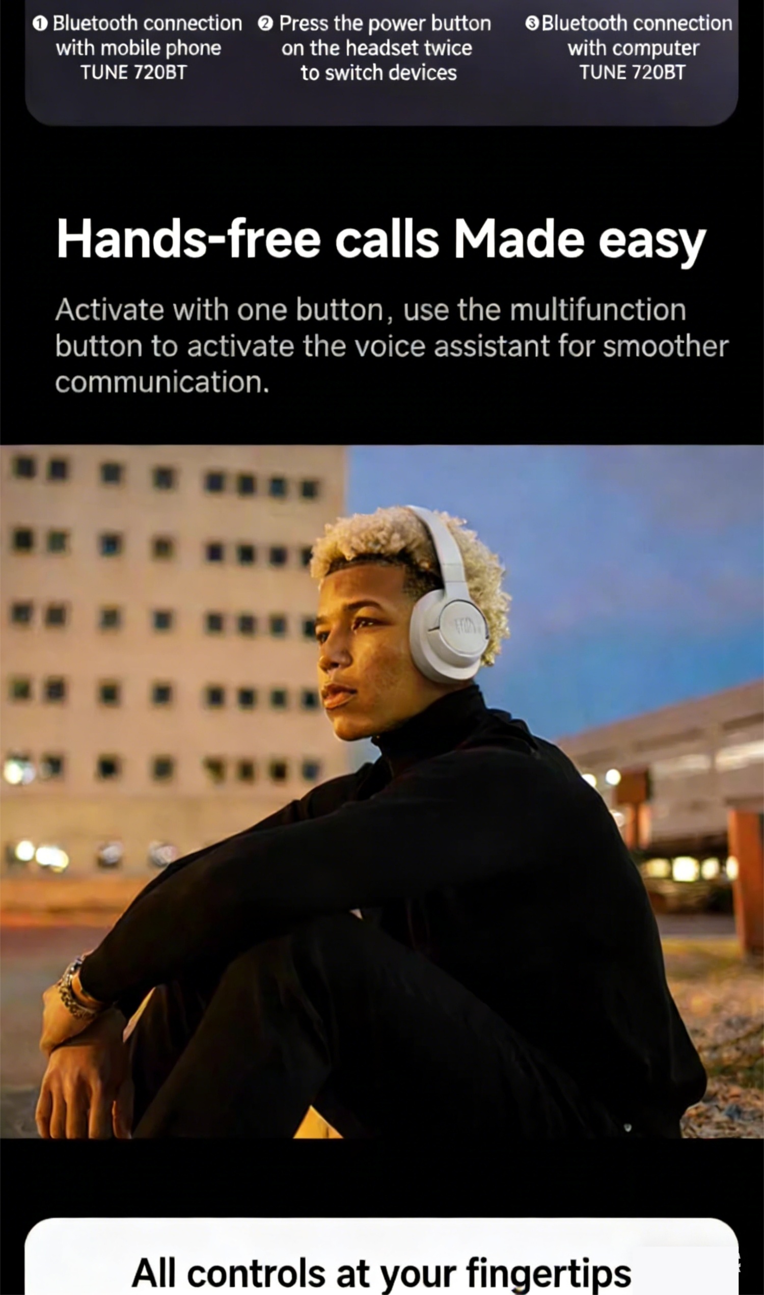 JBL Tune720BT Wireless Headphone, 5-Min Fast Charge, Over-ear Comfortable Wearing, Foldable & Portable