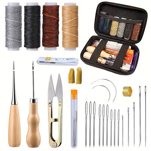 leather sewing kit leather stitching kit with sewing awl needles waxed thread upholstery repair kit heavy duty sewing tools for hand stitching car seats sofa carpets shoes craft random color
