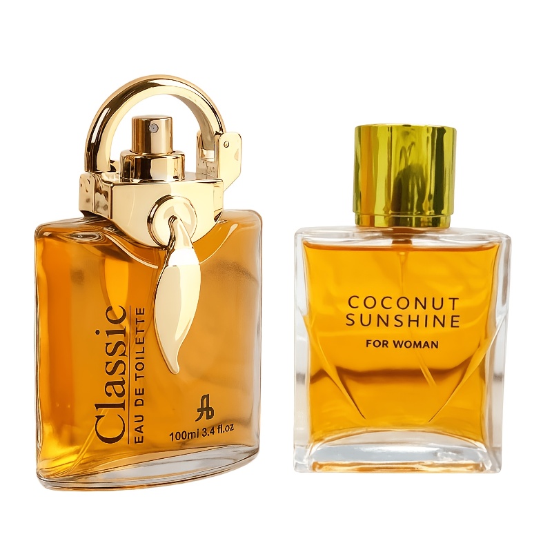 Image of 2pcs Perfume Set 60ml Coconut Sunshine Eau De Toilette For Women + 100ml Classic Eau De Toilette For Men, Tropical & Oriental Gourmand Scent, Luxury Couple Fragrance, Perfect For Valentine's Day Gift