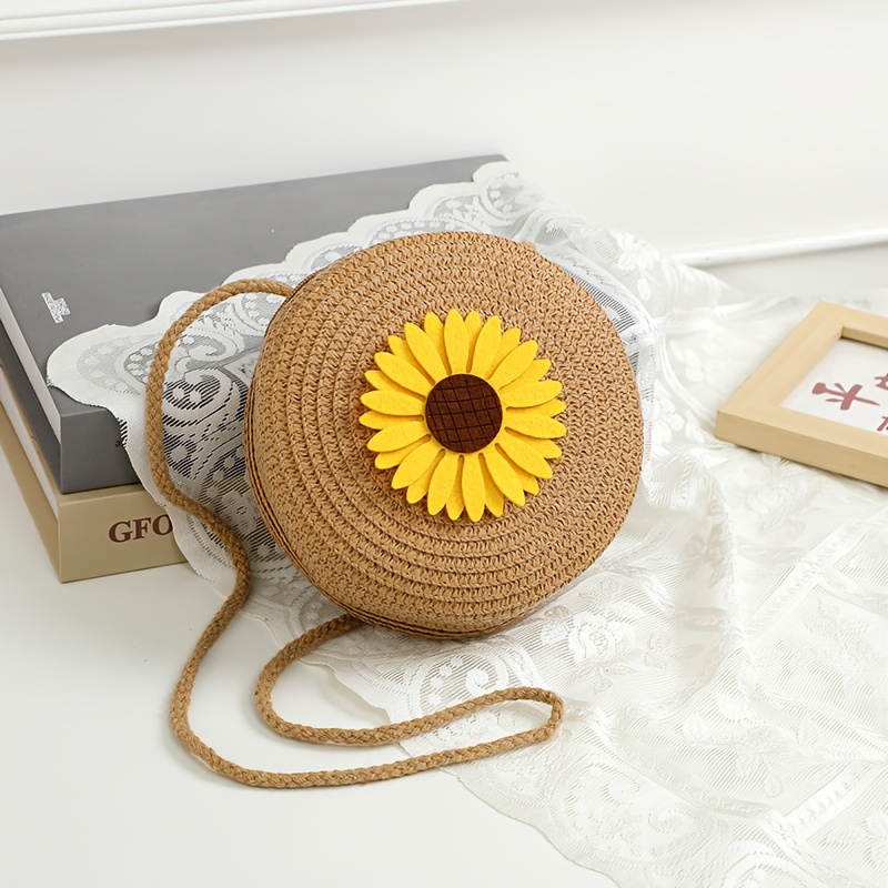 Image of 1 Sunflower Pattern Decorative Round Woven Straw Bag, Women's Woven Crossbody Beach Bag, Cute Woven Shoulder Bag Suitable For Daily Use