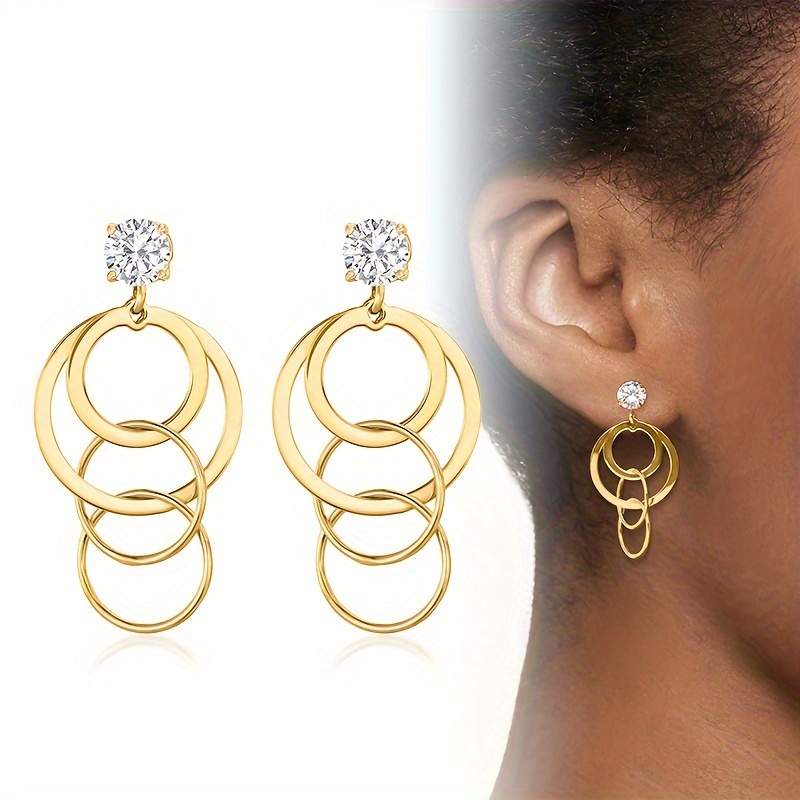 

Golden Silvery Color Multiple Hoop Dangle Earrings Jacket Stainless Steel Zirconia Earrings Teardrop Ball Hoop Earrings Women Fashion Dangle Geometric Earrings For Women