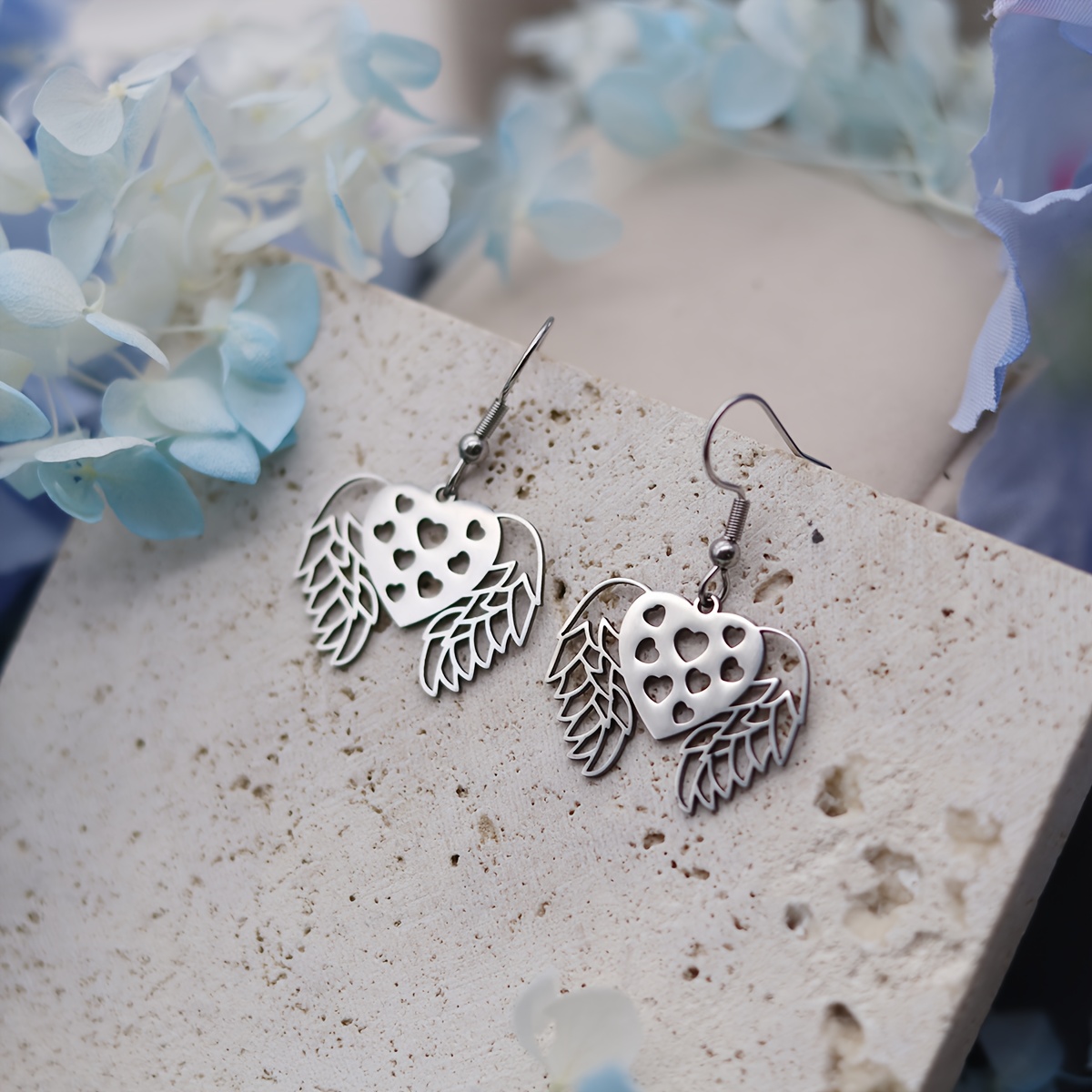 304 Stainless Steel Hollow Heart-Shaped Wing Earrings, Punk Style