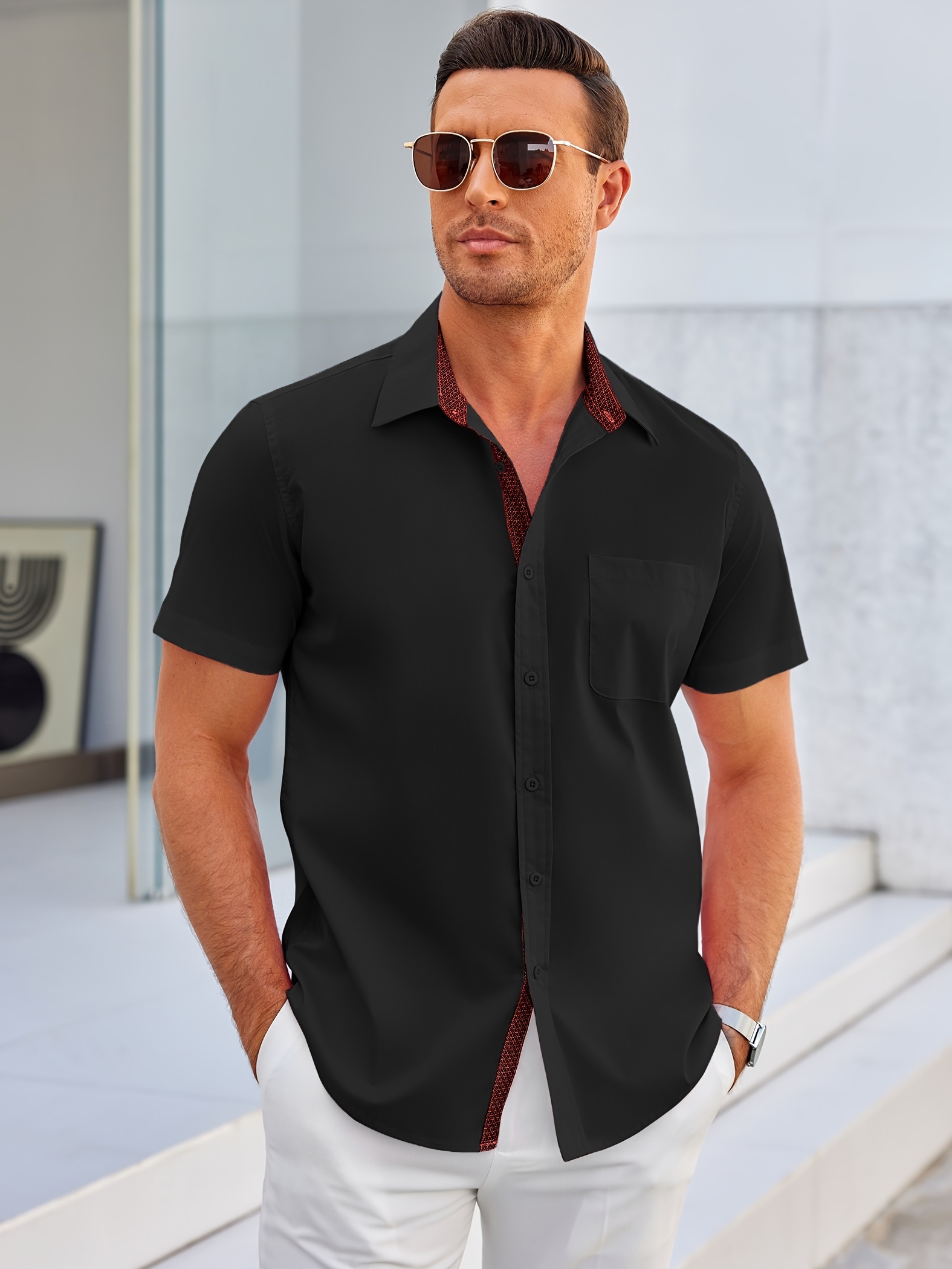 mens short sleeve button dress shirt wrinkle free muscle fit Temu