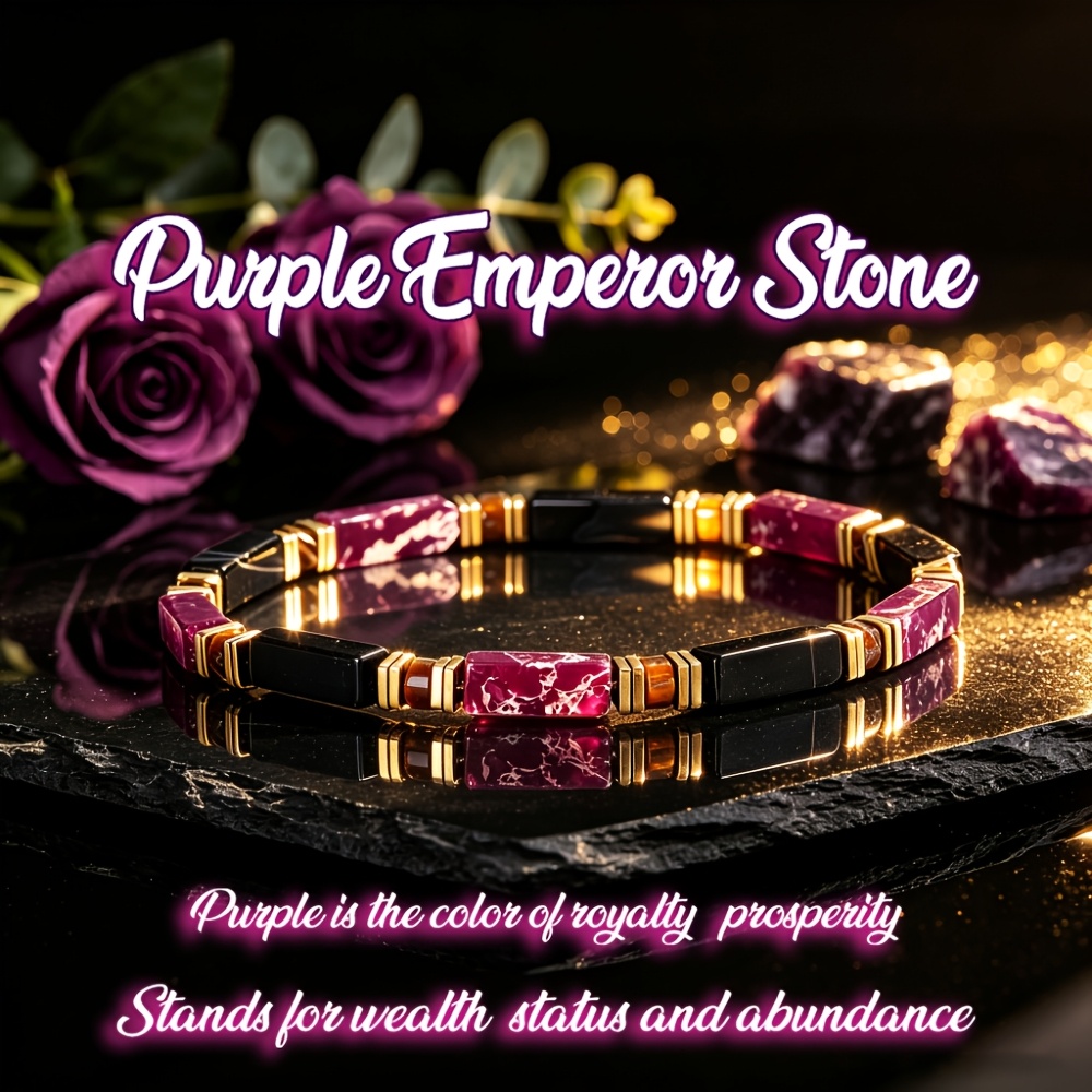 TEMU Bracelet rectangulaire en calcédoine violette naturelle et onyx noir, bracelet et décoré de perles d'espacement en œil de tigre, ornement