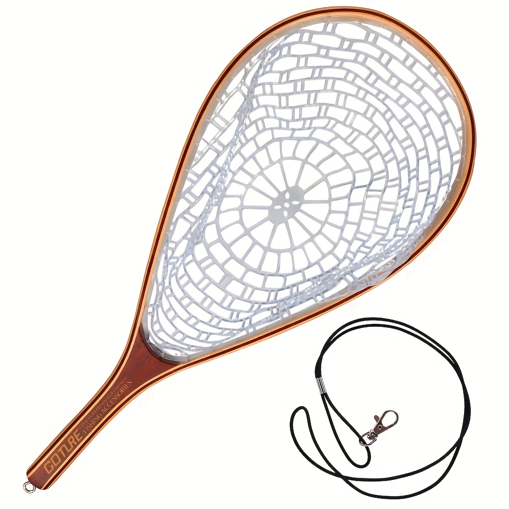 Image of Goture 1pc Wooden Fly , Trout Landing Net, Soft Rubber Fly Fishing Landing Net For Trout , Fishing Nets With Wooden Handle Frame