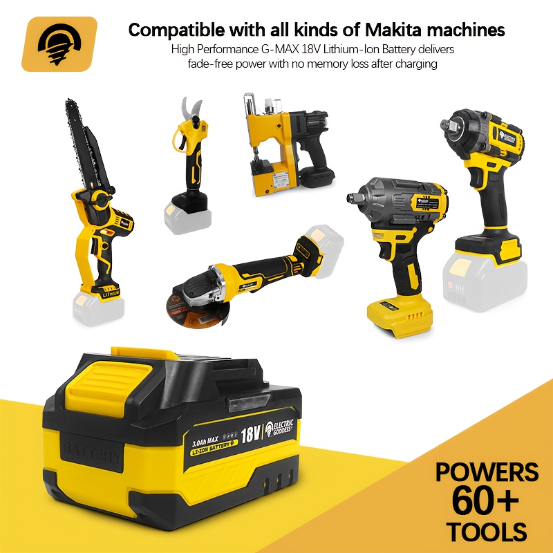 3.0A 18V Rechargeable Lithium-Ion Battery with Long Battery Life, Suitable for Power Tools for Makita Pin Wrenches, Screwdrivers, And Chainsaws