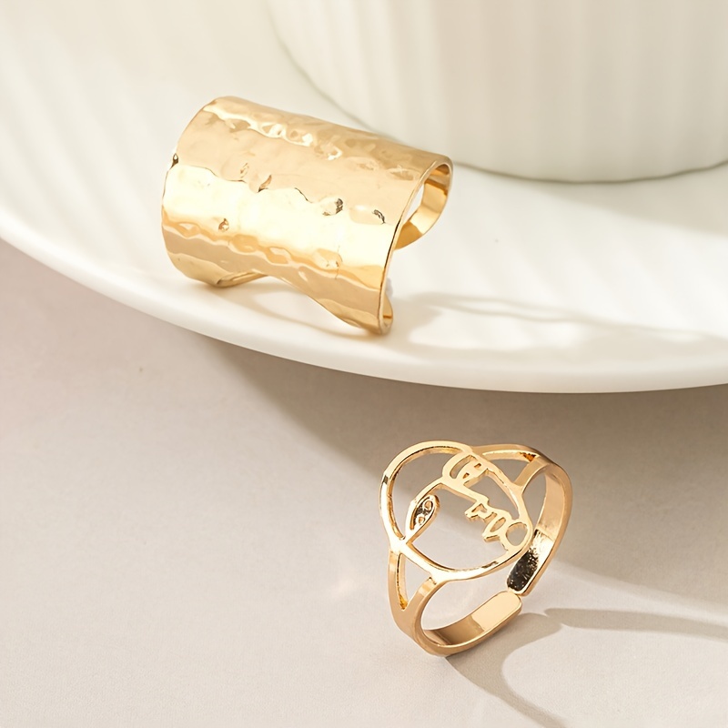 Adjustable Open Ring Set Abstract Face Cutout and Textured Folded Alloy No Stone