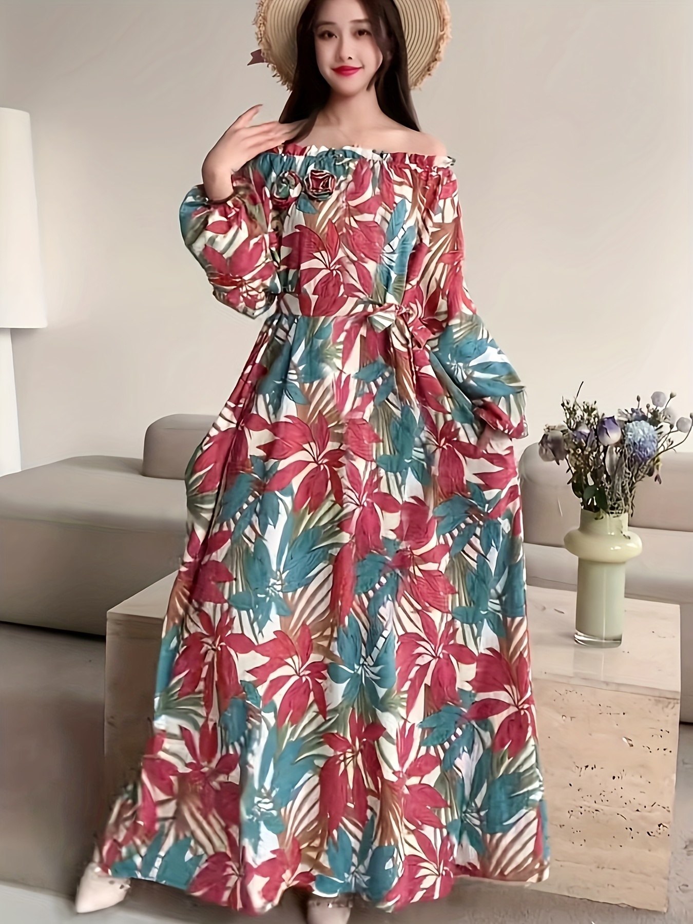 women's shoulder floral print maxi dress casual red white Temu