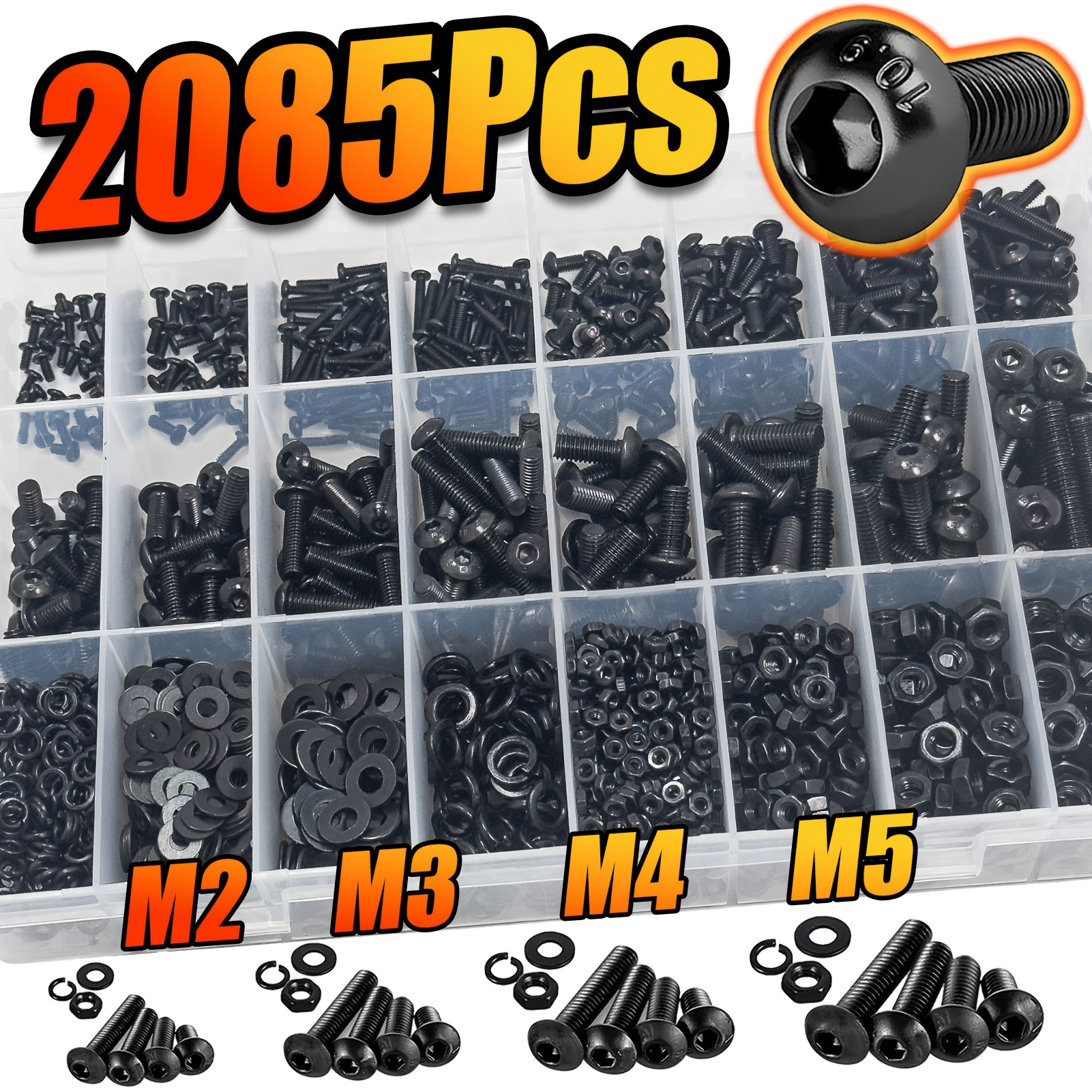 Image of 2085pcs Metric Screw Assortment Kit, M2 M3 M4 M5 Bolts And Nuts Kit With Lock And Flat Washers, Grade 10.9 Alloy Steel Machine Screws Head Screws Nuts And Bolts Assortment Kit
